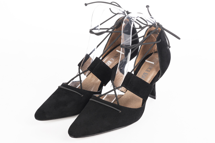 Matt black women's open side shoes, with lace straps. Tapered toe. High spool heels. Front view - Florence KOOIJMAN